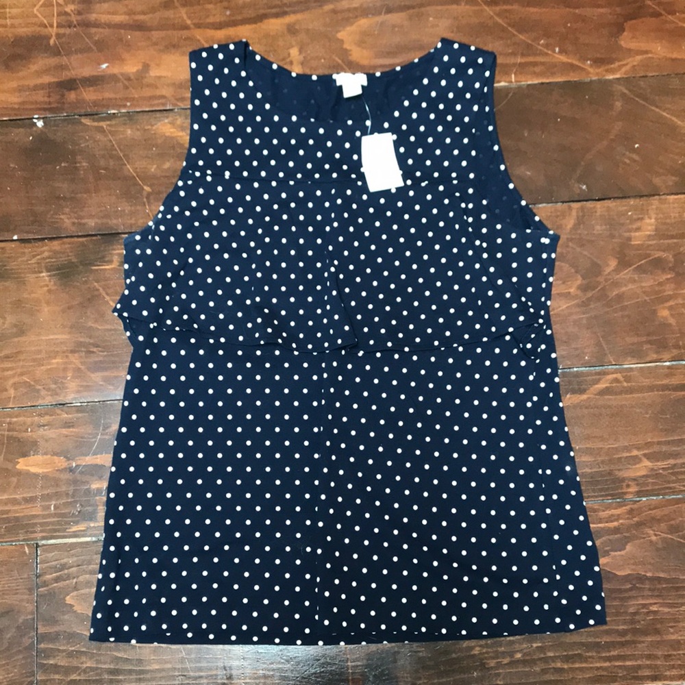 J. Crew Navy Polka Dot Ruffle Tank